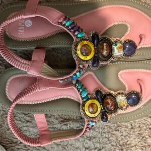Women's Pink Jeweled T-Strap Sandals